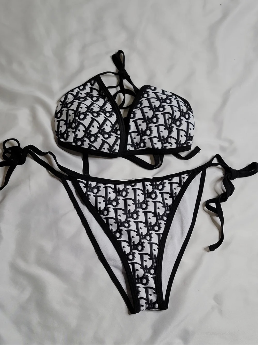 Dior Black and White Logo Print Women's Bikini